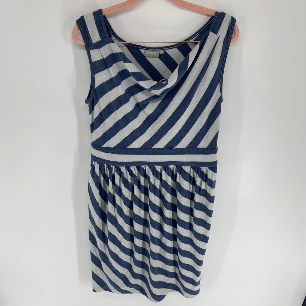 eshakti cowl neck striped gray blue sleeveless knee length sundress womens m